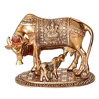 International Gift Brown Metal Kamdhenu Cow With Calf Statue Figurine With Designer Diya With Box With Carry Bag, 17H X 22W X 14L Cm-thumb1