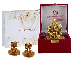 International Gift Gold Metal Pagdi Ganesh God Idol Statue With Laxmi Ganesh Diya With Box With Carry Bag, 10H X 8W X 8L Cm-thumb1