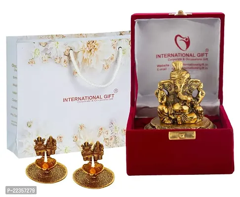 International Gift Gold Metal Pagdi Ganesh God Idol Statue With Laxmi Ganesh Diya With Box With Carry Bag, 10H X 8W X 8L Cm-thumb2