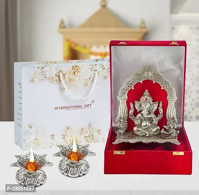 International Gift Silver Ganesh Idol Oxidized Finish with Luxury Velvet Box Pack and Beautiful Carry Bag Showpiece for Home Decor with 2 Pics Diya Set