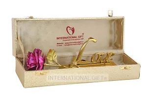 International Gift Pink Rose Flower with Golden Leaf with Love Shape Stand and Luxury Gift Box-thumb2