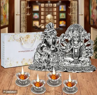 International Gift Silver Panchmukhi Hanuman and Ganesh with Tabla Instrument Statue with Luxury Velvet Box Pack and Beautiful Carry Bag and 4 pics Hand Diya Set Showpiece for Home Decor