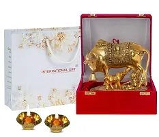 International Gift Gold Metal Kamdhenu Cow With Calf Idol With Laxmi Ganesh Diya With Beautiful Red Box Packing With Carry Bag, 6.5H X 20W X 14L Cm-thumb1