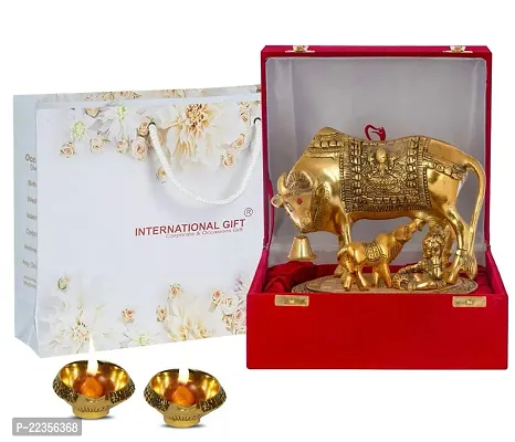 International Gift Gold Metal Kamdhenu Cow With Calf Idol With Laxmi Ganesh Diya With Beautiful Red Box Packing With Carry Bag, 6.5H X 20W X 14L Cm-thumb2