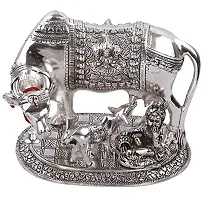 International Gift Silver Metal Kamdhenu Cow With Calf Idol With Om Diya With Beautiful Red Box Packing With Carry Bag, 6.5H X 20W X 14L Cm-thumb1