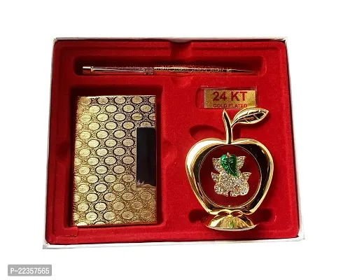 International Gift Silver Brass Pen With Visiting Card Holder And Apple Shape Ganesh God Idol