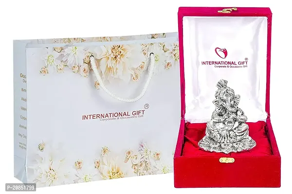 International Gift Silver Musical Ganesha Idol With Cymbal With Luxury Velvet Box Pack Decorative Pieces (12 Cm, Silver)