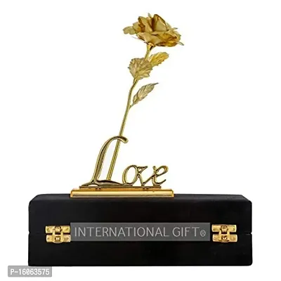 INTERNATIONAL GIFT? Artificial Rose Flower and Love Shape Stand and Luxury Black Box and Carry Bag (Golden)