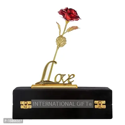 International Gift Artificial Rose Flower and Love Shape Stand and Luxury Black Gift Box (Red)