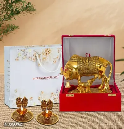 International Gift Gold Metal Kamdhenu Cow With Calf Idol With Laxmi Ganesh Diya With Beautiful Red Box Packing With Carry Bag, 6.5H X 20W X 14L Cm