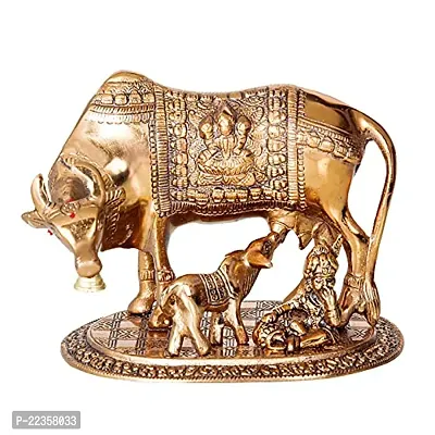 International Gift Brown Metal Kamdhenu Cow With Calf Statue Figurine With Designer Diya With Box With Carry Bag, 17H X 22W X 14L Cm-thumb2