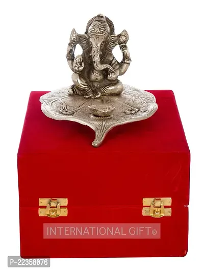 International Gift Red Metal Leaf Ganesh God Idol Statue With Beautiful Velvet Box Packing And With Carry Bag, 10H X 13W X 16L Cm