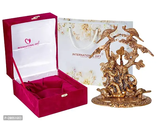 International Gift Copper Metal Radha Krishna Tree Idol with Royal Luxury Red Velvet Box and Beautiful Carry Bag Showpiece for Home Decor and Festival Gift-thumb0