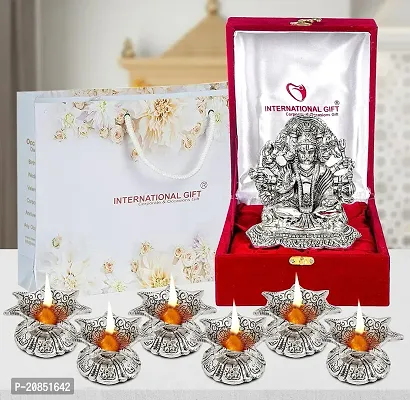 International Gift Silver 5 Mukhi Hanuman Statue with Shehanais Oxidized Finish with Luxury Velvet Box Pack and Beautiful Carry Bag Showpiece for Home Decor (Diya Set of 6 Pics)-thumb0