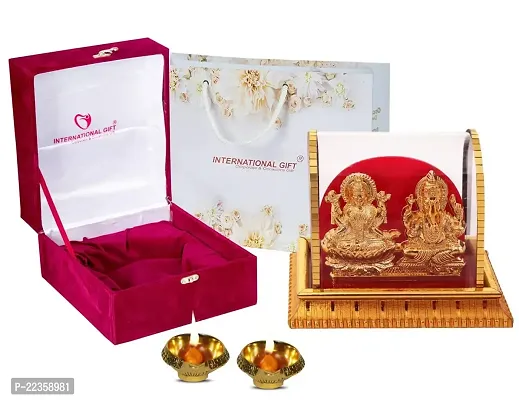 International Gift Gold Metal Laxmi Ganesh Statue With Puja Laxmi Ganesh Diya With Box Packing With Carry Bag-thumb2