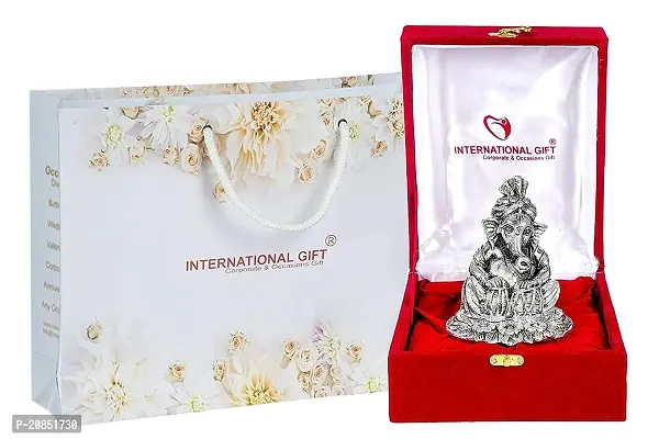 International Gift Silver Ganesha Idol with Tabla Musical with Luxury Velvet Box Pack Showpiece Pieces for Home Decor (12 cm, Silver)-thumb0