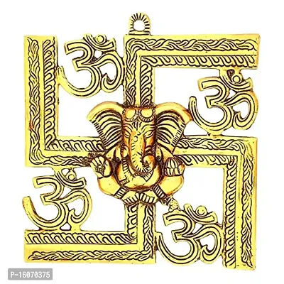 Gold Plated Swastik Ganesha ji Statue,Ganpati Wall Hanging Sculpture Lord Ganesh Idol Showpiece for Entrance Door Living Room Metal Decorative Wall Ganesh Ganpati Home Decor Statue Gift-thumb3