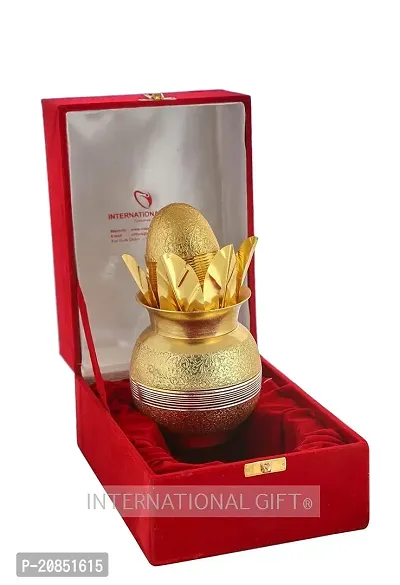 International Gift Brass Golden Designer Mangal Kalash with Mango Leaves and Coconut with Beautiful Velvet Box and Carry Bag (15 x 15 x 19 cm-thumb0