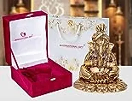 International Gift Copper Metal Ganesh Idol with Cymbal with Royal Luxury Red Velvet Box and Beautiful Carry Bag Showpiece for Home Decor and Festival Gift-thumb1