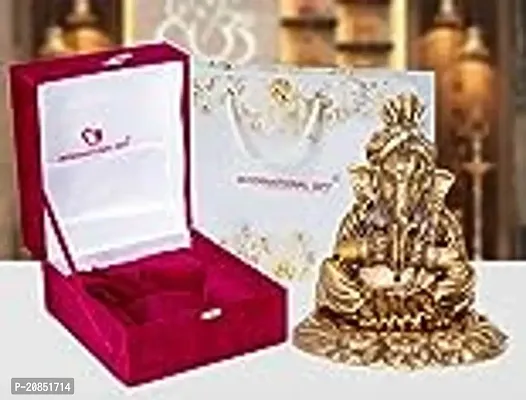 International Gift Copper Metal Ganesh Idol with Cymbal with Royal Luxury Red Velvet Box and Beautiful Carry Bag Showpiece for Home Decor and Festival Gift-thumb2