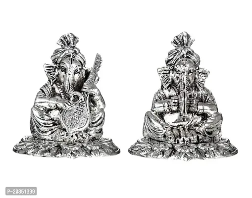 International Gift Silver Ganesha Idol with Cymbal and Sitar with Royal Royal Luxury Velvet Box Pack and Beautiful Carry Bag (12 cm, Silver)