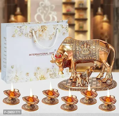 International Gift Cow with Velvet Box (Copper with 6 Diya)
