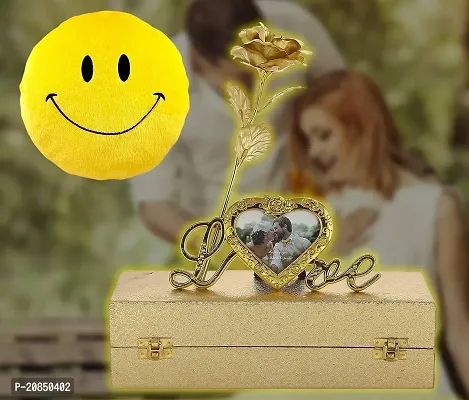 International Gift Golden Rose Flower With Photo Frame Stand And Luxury Golden Gift Box Pack With Smiley Pillow-thumb0