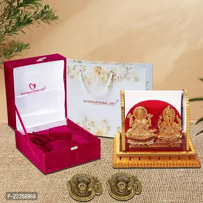 International Gift Gold Metal Laxmi Ganesh Statue With Puja Diya With Agarbatti Incense Stick With Box Packing With Carry Bag