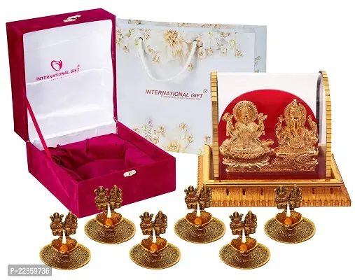 International Gift Gold Metal Laxmi Ganesh Statue With Puja Laxmi Ganesh Diya With Box Packing With Carry Bag-thumb3