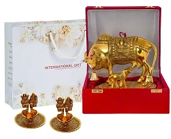 International Gift Gold Metal Kamdhenu Cow With Calf Idol With Laxmi Ganesh Diya With Beautiful Red Box Packing With Carry Bag, 6.5H X 20W X 14L Cm-thumb2