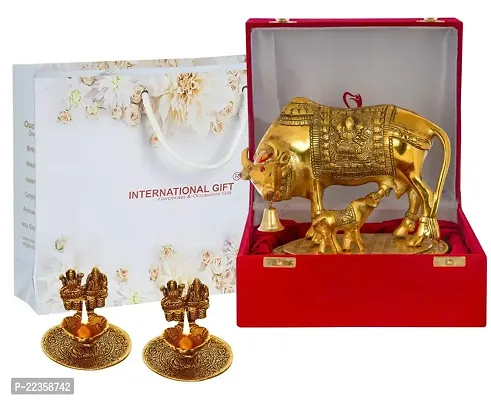 International Gift Gold Metal Kamdhenu Cow With Calf Idol With Laxmi Ganesh Diya With Beautiful Red Box Packing With Carry Bag, 6.5H X 20W X 14L Cm-thumb3