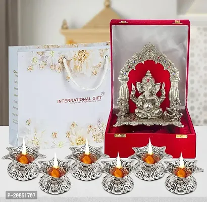 International Gift Silver Ganesh Idol Oxidized Finish with Luxury Velvet Box Pack and Beautiful Carry Bag Showpiece for Home Decor (Diya Set of 6 Pics)