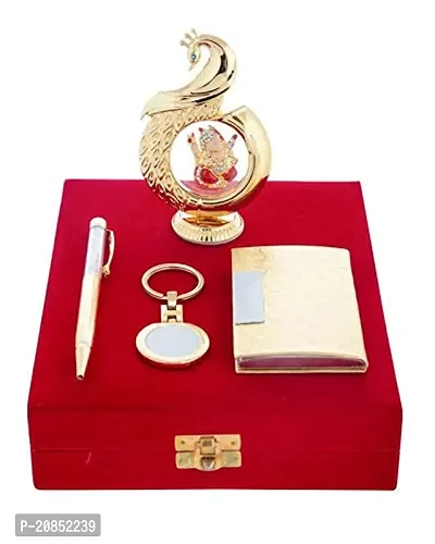 International Gift Golden Blue Pen, Business Card Holder, Golden Keyring and Golden Peacock Shape Ganesh Pagdi God Idol Car Dashboard and Home Temple-thumb0