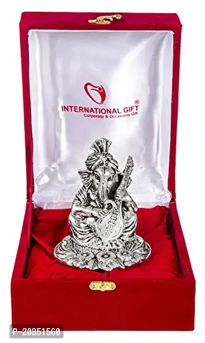 International Gift Golden 5 Mukhi Hanuman Ji and Silver Ganesha Idol with Sitar with Royal Royal Luxury Velvet Box Pack and Beautiful Carry Bag (12 cm, Silver)-thumb2