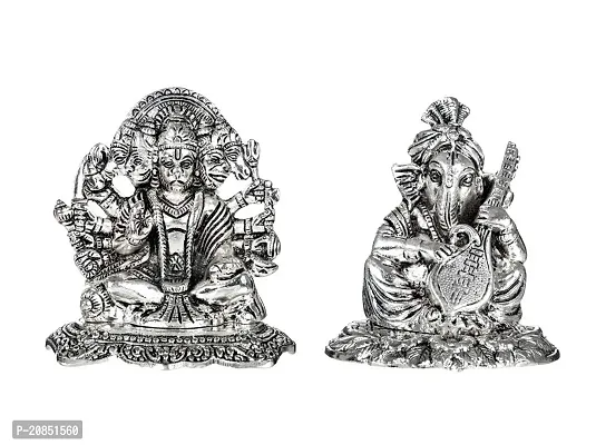 International Gift Golden 5 Mukhi Hanuman Ji and Silver Ganesha Idol with Sitar with Royal Royal Luxury Velvet Box Pack and Beautiful Carry Bag (12 cm, Silver)-thumb0