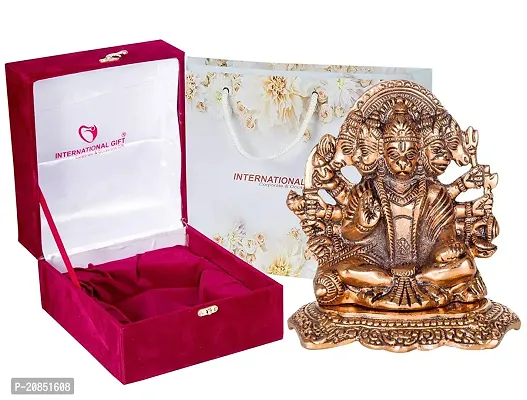 International Gift Copper Metal Panchmukhi Hanuman Idol with Royal Luxury Red Velvet Box and Beautiful Carry Bag Showpiece for Home Decor and Festival Gift-thumb0