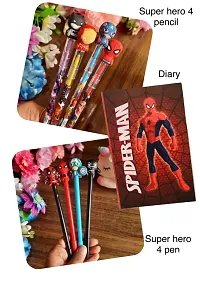 le delite Stationery combo for boys kid/super hero pencils 4 pieces, action hero gel pen and diary with ruled pages spider cartoon-thumb1
