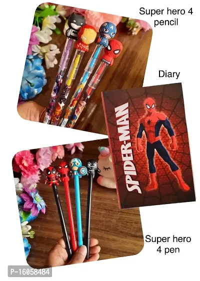 le delite Stationery combo for boys kid/super hero pencils 4 pieces, action hero gel pen and diary with ruled pages spider cartoon-thumb2