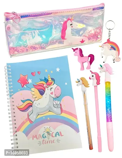 LE DELITE Unicorn Stationary Combo Gift for Girls Kids - Water Glitter Pouch , Lava Pen , Pencil ,Eraser , Bookmark /Stationary Set Diary for School , Kitty Multicolor Stylish Pen / Gift Set-thumb0