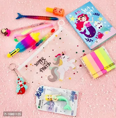 le delite Mermaid Stationary Combo Gift for Girls Kids -Clear Folder Pouch , Fur Pen , Pencil ,Eraser with Diary for School , Highlighter , Sticky Notes Multicolor Stylish Pen / Gift Set