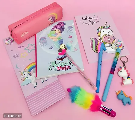 Le Delite unicorn diary for girls kids / mermaid notebook, unicorn eraser , mermaid pencil, lava water glitter pen , fur pen , gel pen , keychain and pencils pouch birthday gift combo set-thumb0