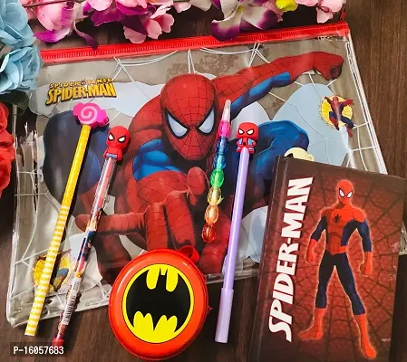 Le Delite School Supply Spider Action Man Combo Boys - Diary with Pen, Pencil, tin case  Clear Folder Pouch for Boys/ Super Hero Action Hero Diary / Birthday Return Gift for Boys