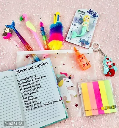 le delite Mermaid Stationary Combo Gift for Girls Kids -Clear Folder Pouch , Fur Pen , Pencil ,Eraser with Diary for School , Highlighter , Sticky Notes Multicolor Stylish Pen / Gift Set-thumb3