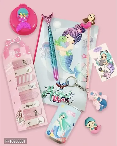 le delite Mermaid theme Return gift combo stationary supplies for kids girls, mermaid diary notebook with pen pencil, eraser , sticky notes  keychain-thumb2