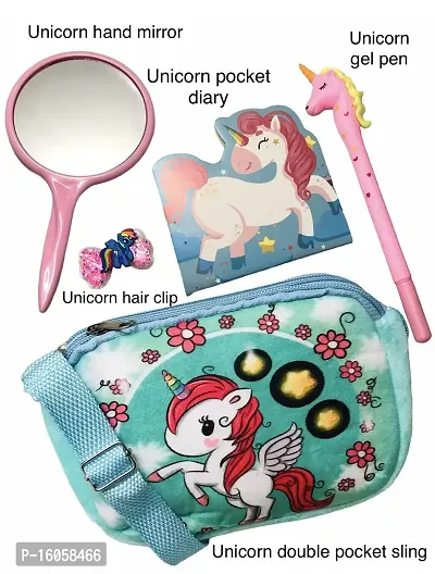 le delite combo pack of unicorn fur sling bag + unicorn lock diary + unicorn pen- Multi color-thumb2