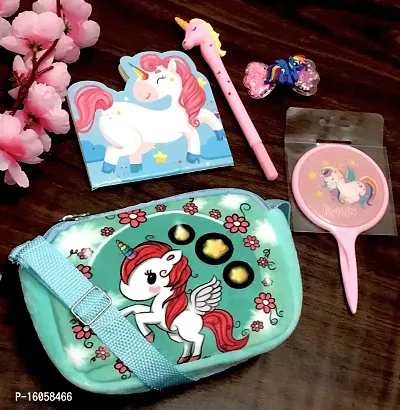 le delite combo pack of unicorn fur sling bag + unicorn lock diary + unicorn pen- Multi color-thumb5