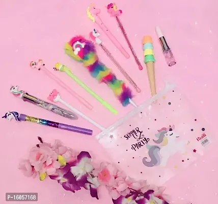 Le Delite Unicorn Combo Gift for Girls Kids / Unicorn Clear Folder PVC Zipper Pouch/ Unicorn Gel Pen / Fur Pen / Lipstick Pen/ Non Sharpening Pencil/ Softy Pen/ Cute Stylish Stationery for Kids-thumb2
