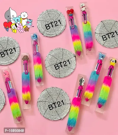Le Delite Bt21 Theme Fur Pen (6 In 1 Pen) Bt21 B21 Cartoon Character Kpop Pens 4 Pieces With Pen Topper | Cartoon Pen For Kids | Cute Stylish Feather Pens | Return Gift-thumb5