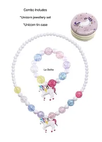 Le Delite Kids Jewellery Combo - Unicorn Metal Box Tin Case Pouch Pearl Mala Pendent with Chain, Earrings, Bracelet, Finger Ring, Necklace Jewelry Set-thumb2