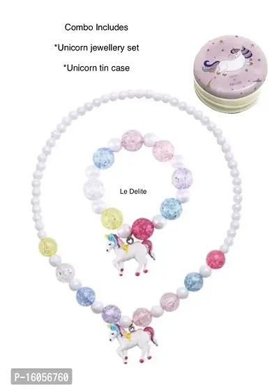 Le Delite Kids Jewellery Combo - Unicorn Metal Box Tin Case Pouch Pearl Mala Pendent with Chain, Earrings, Bracelet, Finger Ring, Necklace Jewelry Set-thumb3
